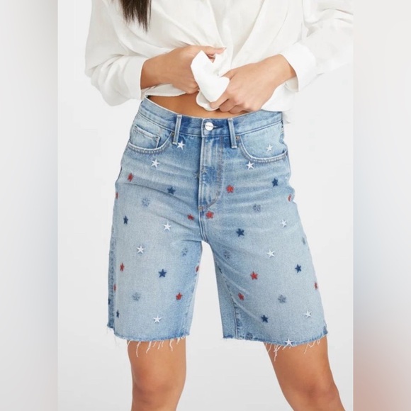 NWT Driftwood x Free People Embroidered Denim Bermudas in Starry Eyed size 29 - Picture 3 of 12